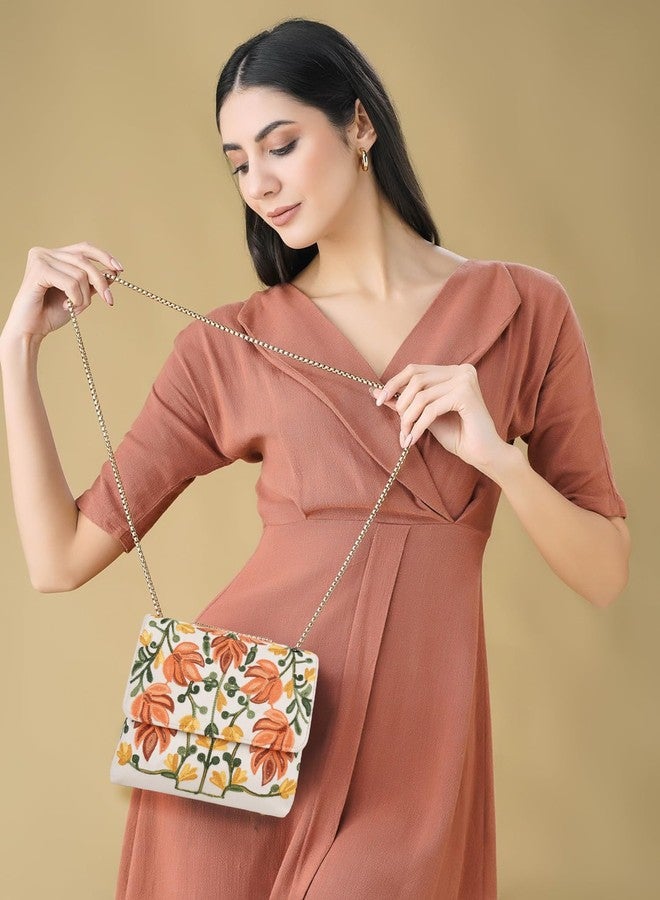 EVEDA Women Floral Embroidered Sling Bag With Gold Chain Straps (Beige) - Image 2